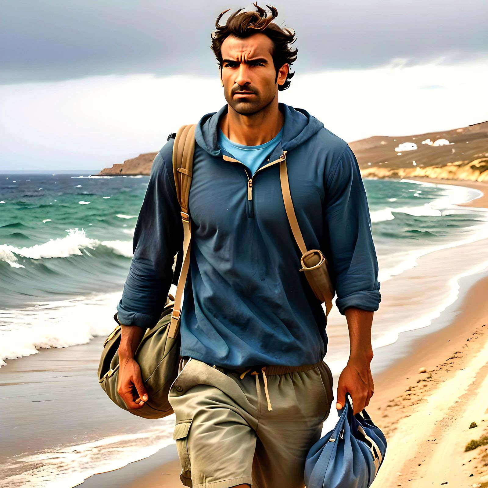 Greek Man Walks on Seaside Road in Gale