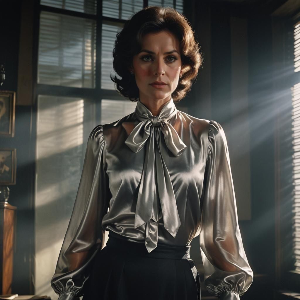 Elegant Woman in Satin Blouse, 1970s Style