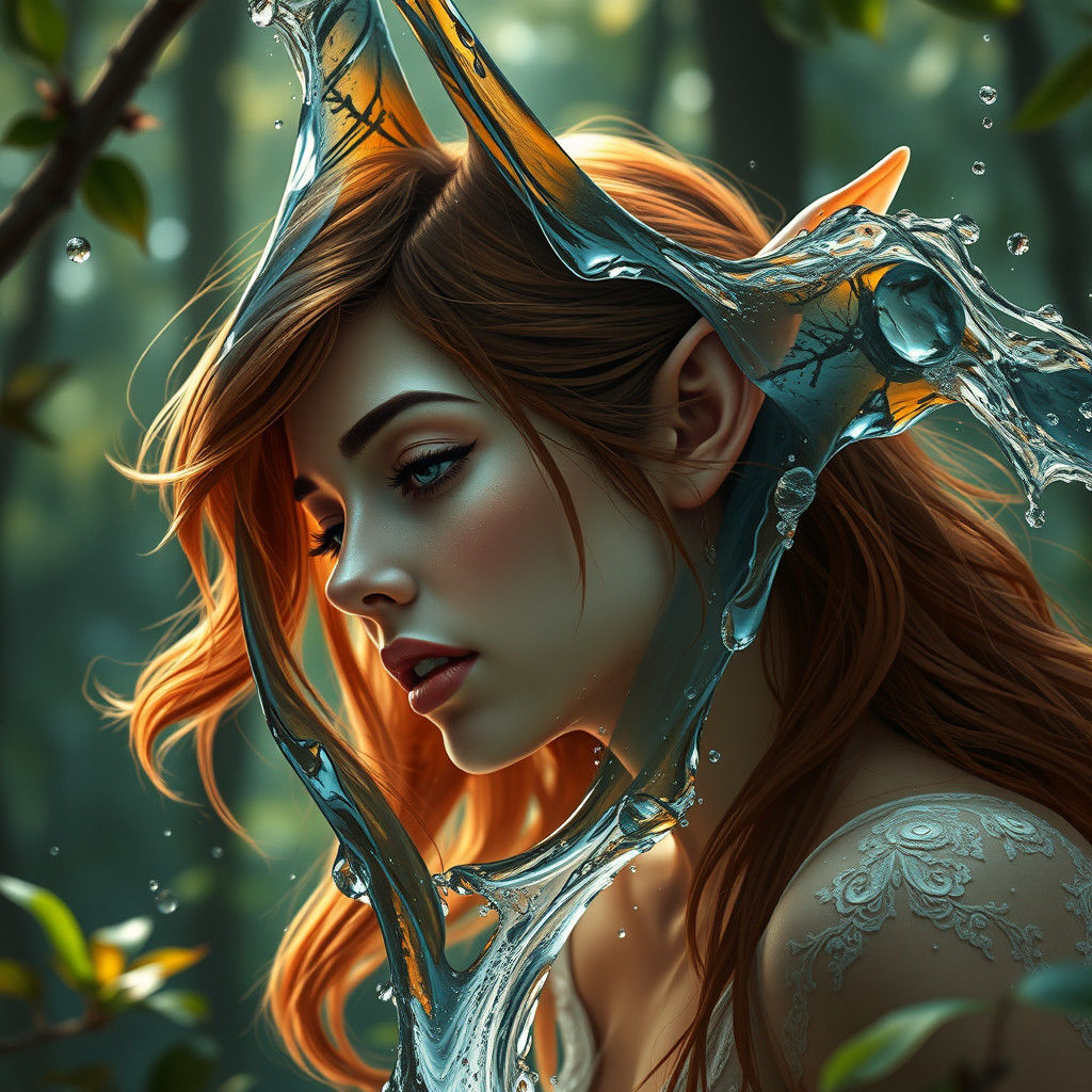 Enchanting Elf Reads Future in Forest Water Drop
