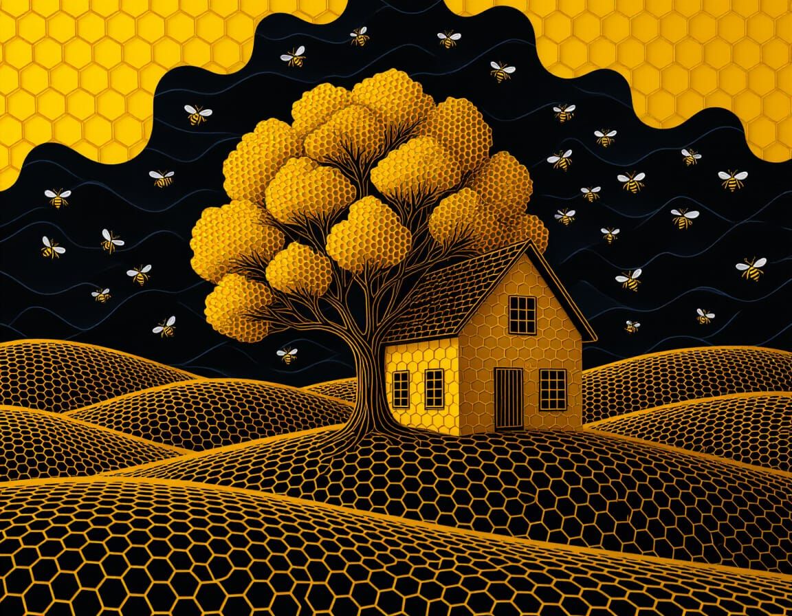 Surreal Honeycomb Landscape with Flying Bees