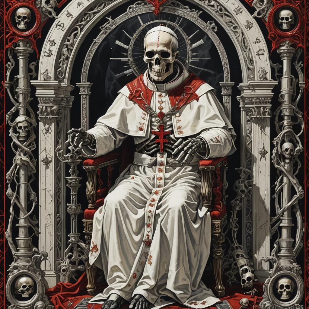 Sinister Skeleton Pope Tarot Card in Red and Black