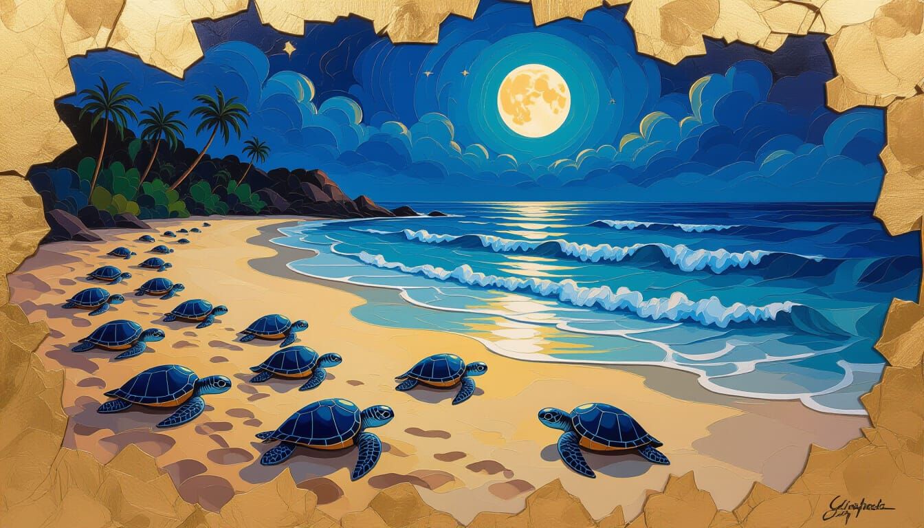 Night Beach with Sea Turtles: Impasto Oil Painting
