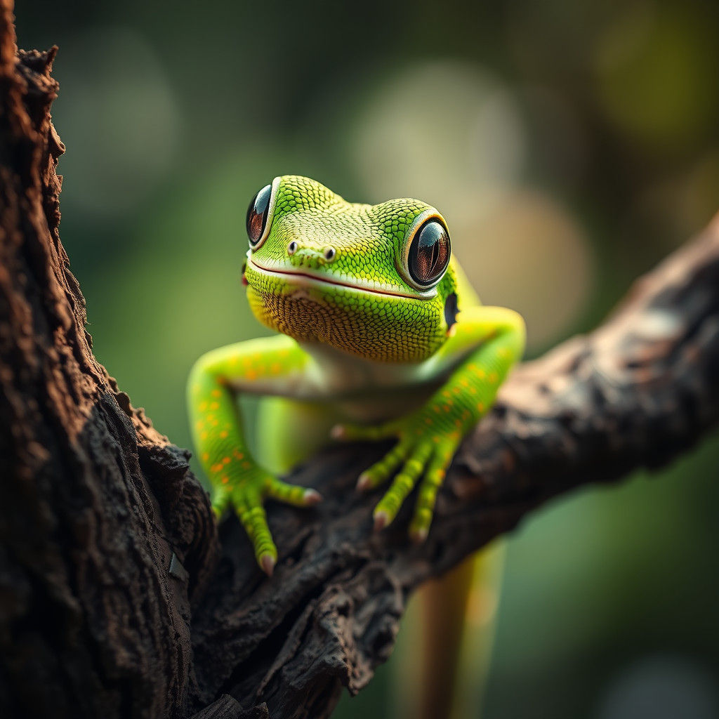 Gecko Portrait on Branch in Hyper-Realistic Detail