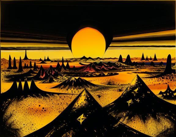 Dramatic Desert Sunrise in Surrealist Style