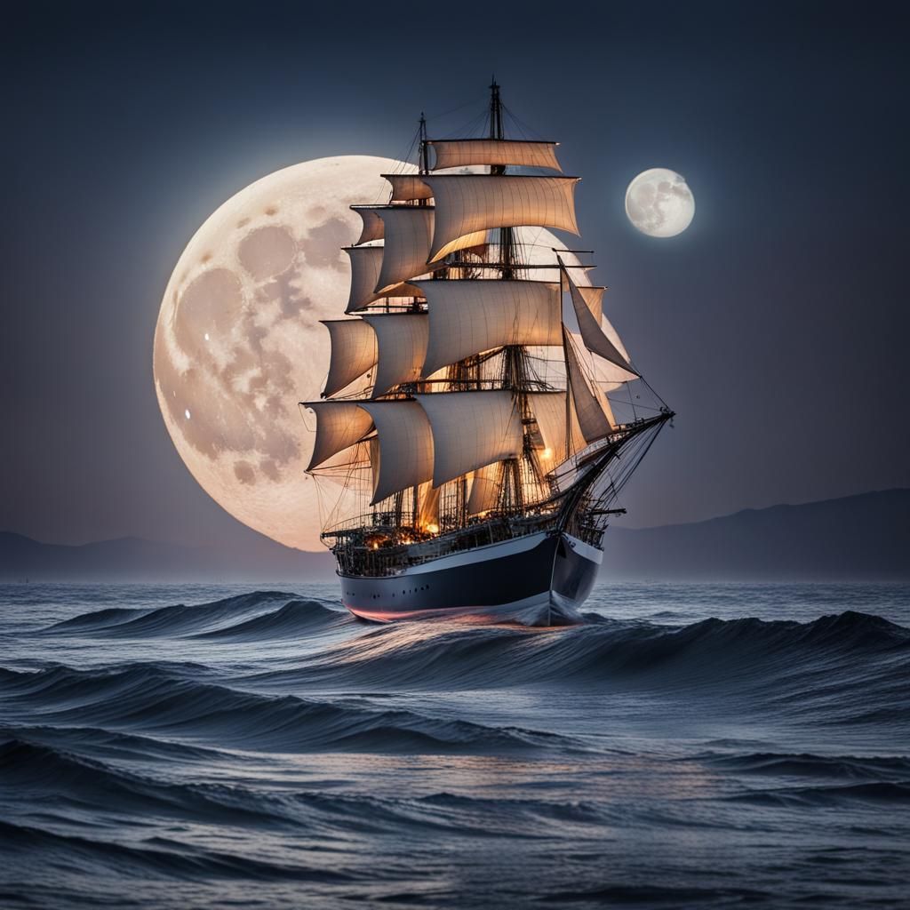 Night Sailboat Under the Moon and Stars