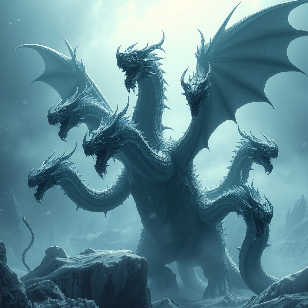 Seven-Headed Dragon Emerges from Icy Darkness