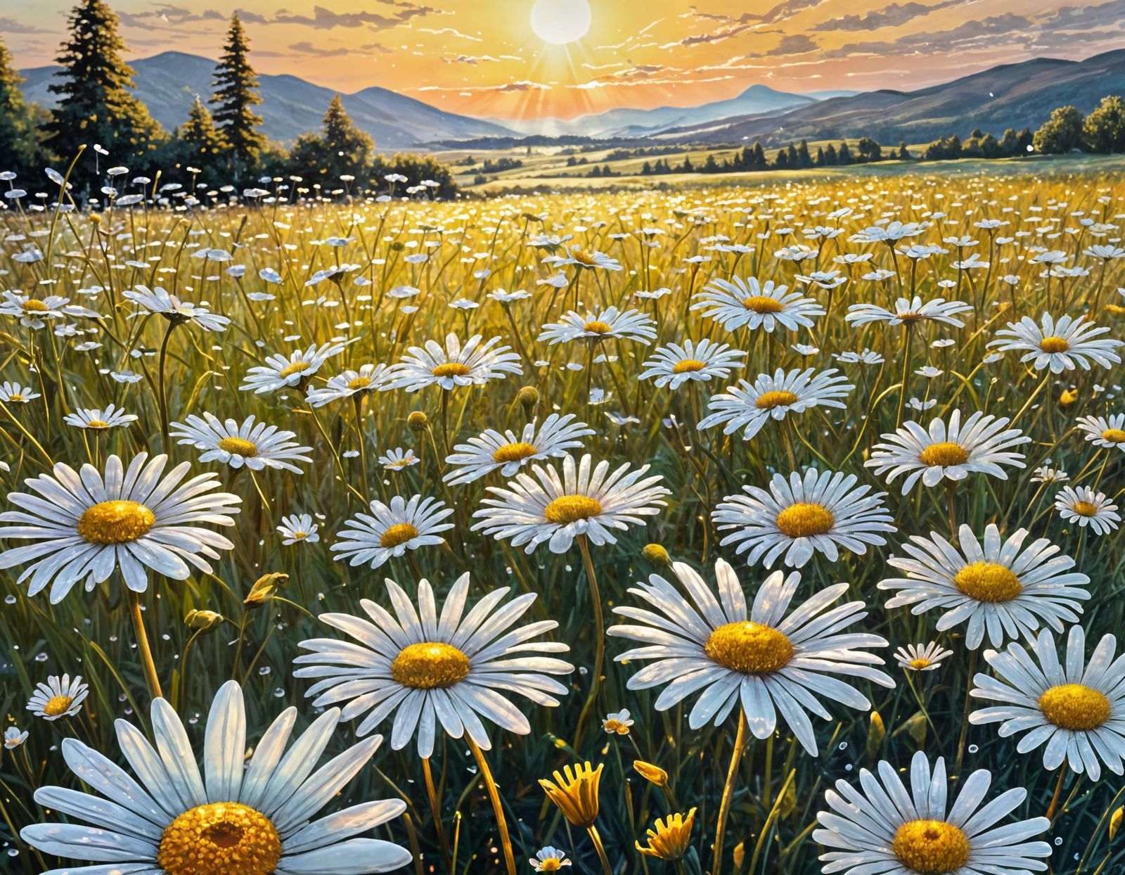 Daisies in Sunlight: Oil Painting with Dew Drops