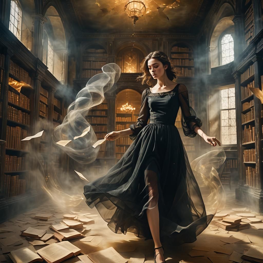 Surreal Woman Floats in Ancient Library