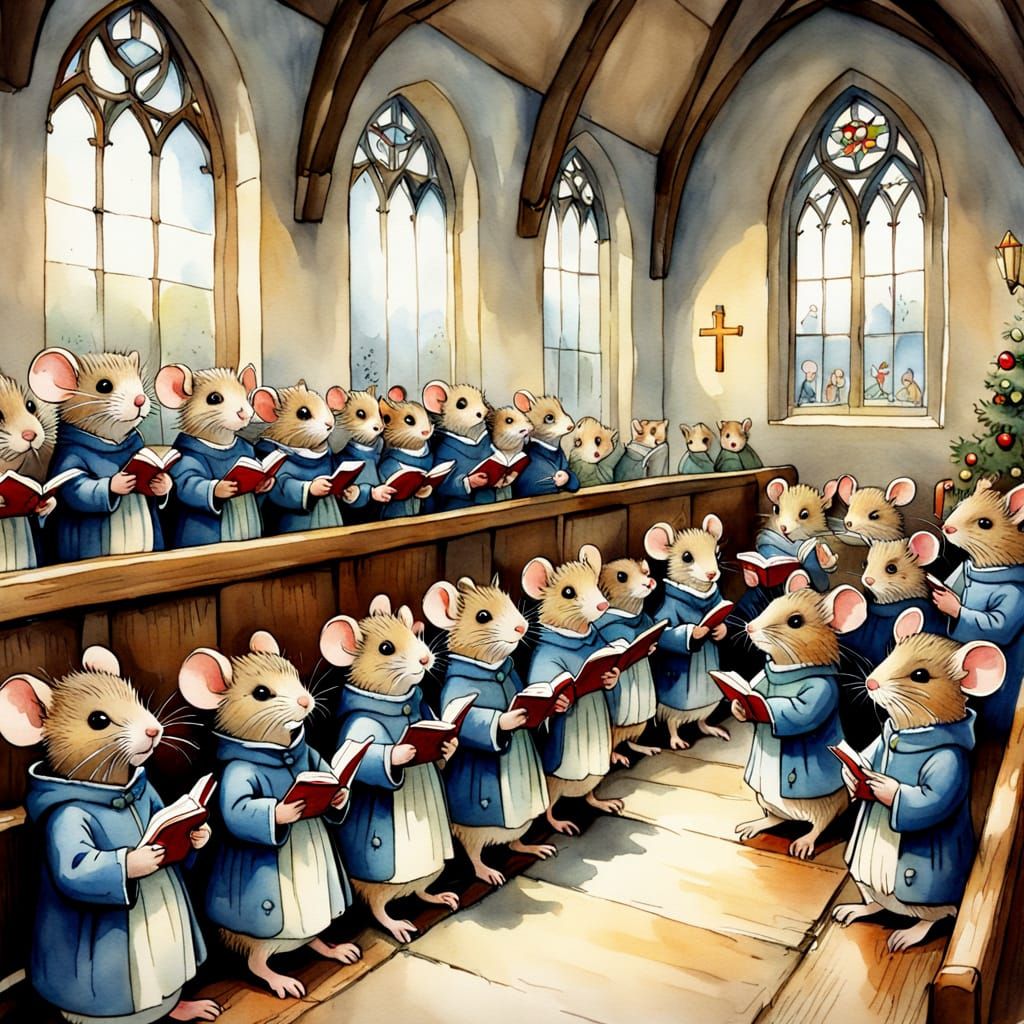Whimsical Christmas Mice in Watercolour Church