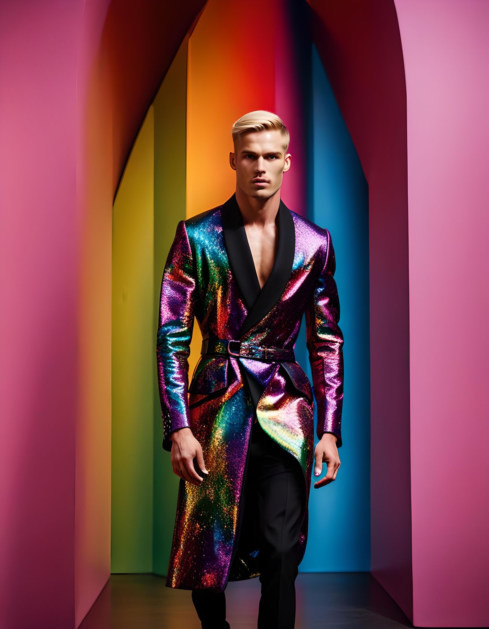 Male Model in Rainbow Haute Couture Dress