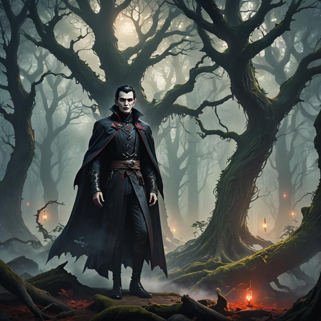 Young Dracula in Misty Forest: Anime-Inspired 3D Art