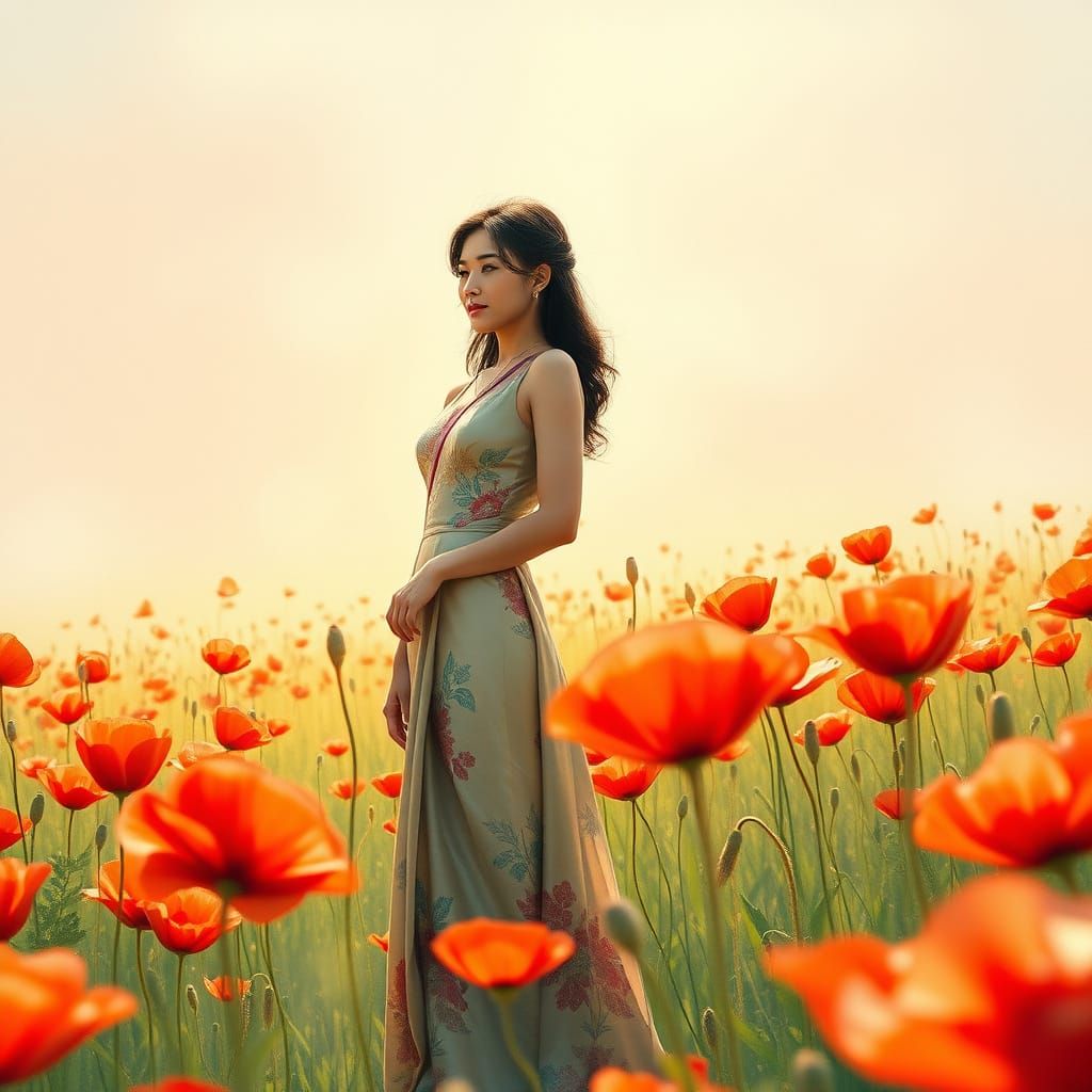 Poppy Field Serenity: Asian Woman in Art Nouveau Style