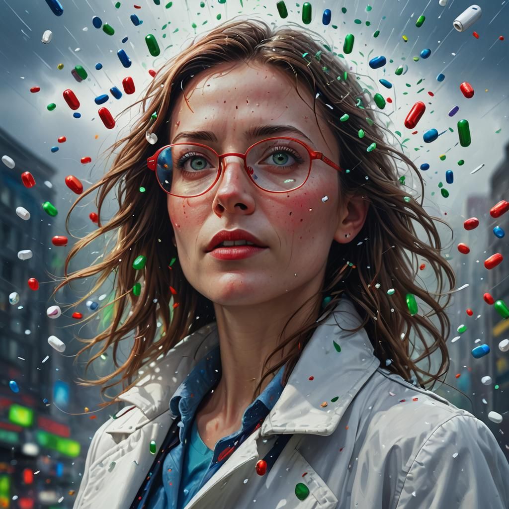 Woman in White Coat with Falling Medicine Capsules