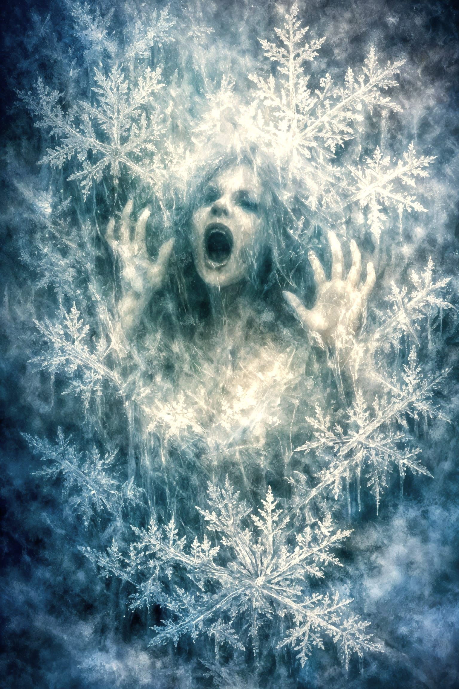 Eerie Woman Frozen in Snowflake Ice, Impressionist Horror