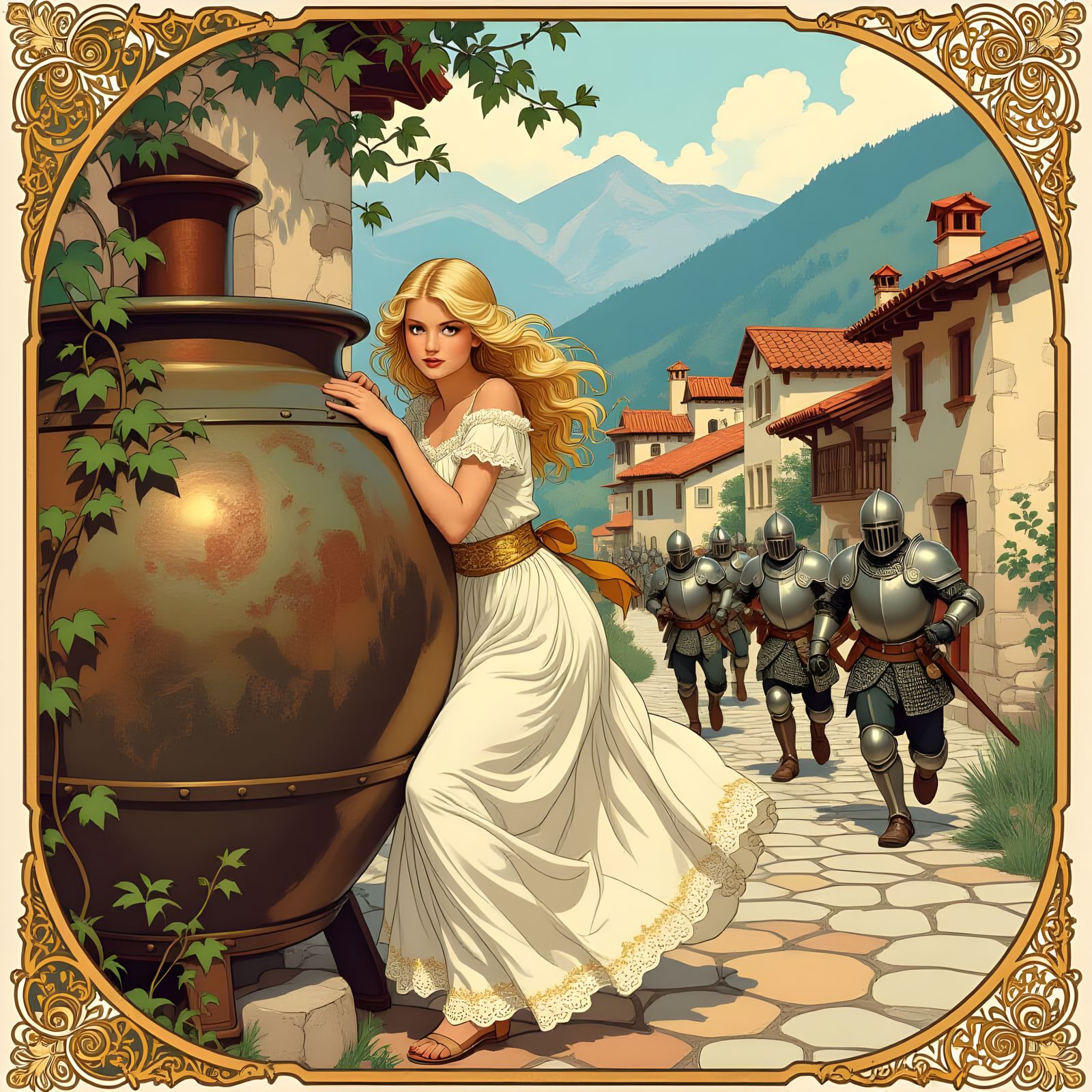 Girl Hiding from Knights in Art Nouveau Style
