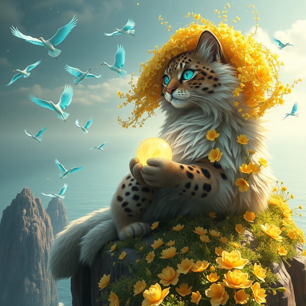 Golden Flower Cat on Cliff in Anime Style