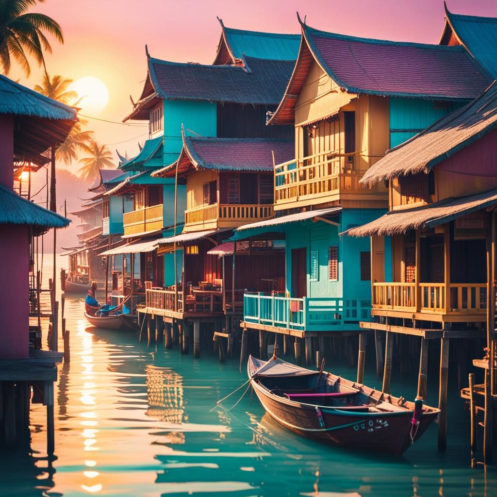 Thailand Fishing Village Sunset: Cinematic Film Still