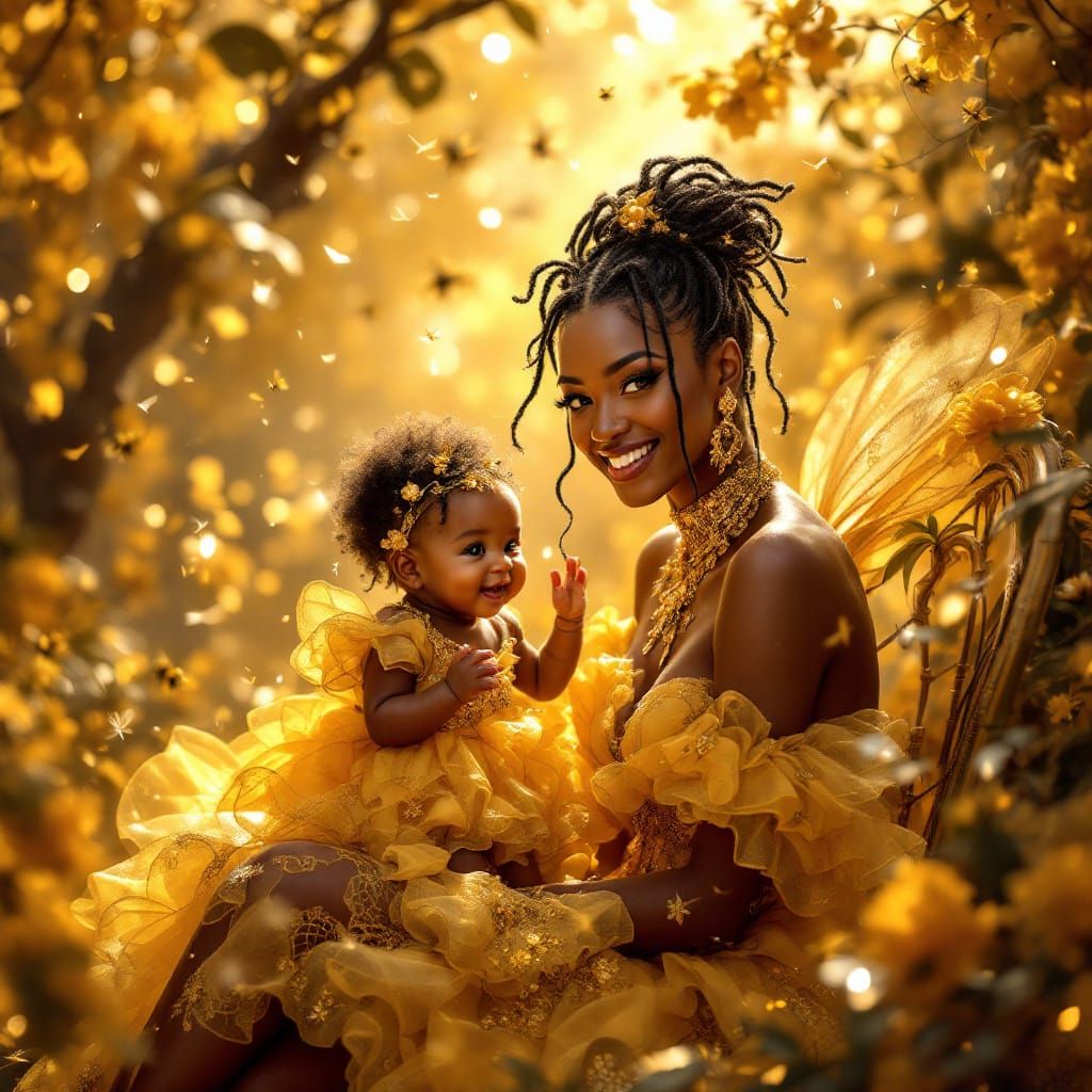 Ebony Woman in Honey Bee Dress: Digital Art Portrait