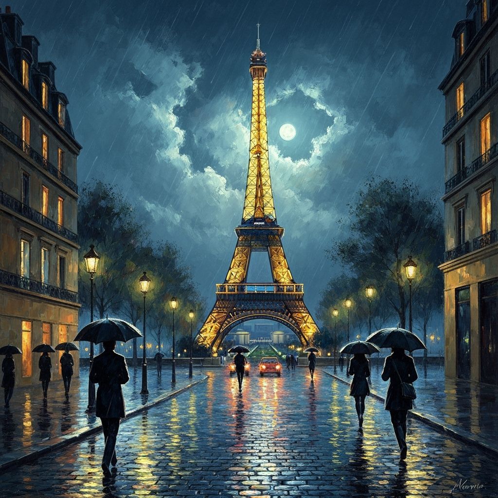 Eiffel Tower Night Scene in Impressionistic Oil Painting Sty...