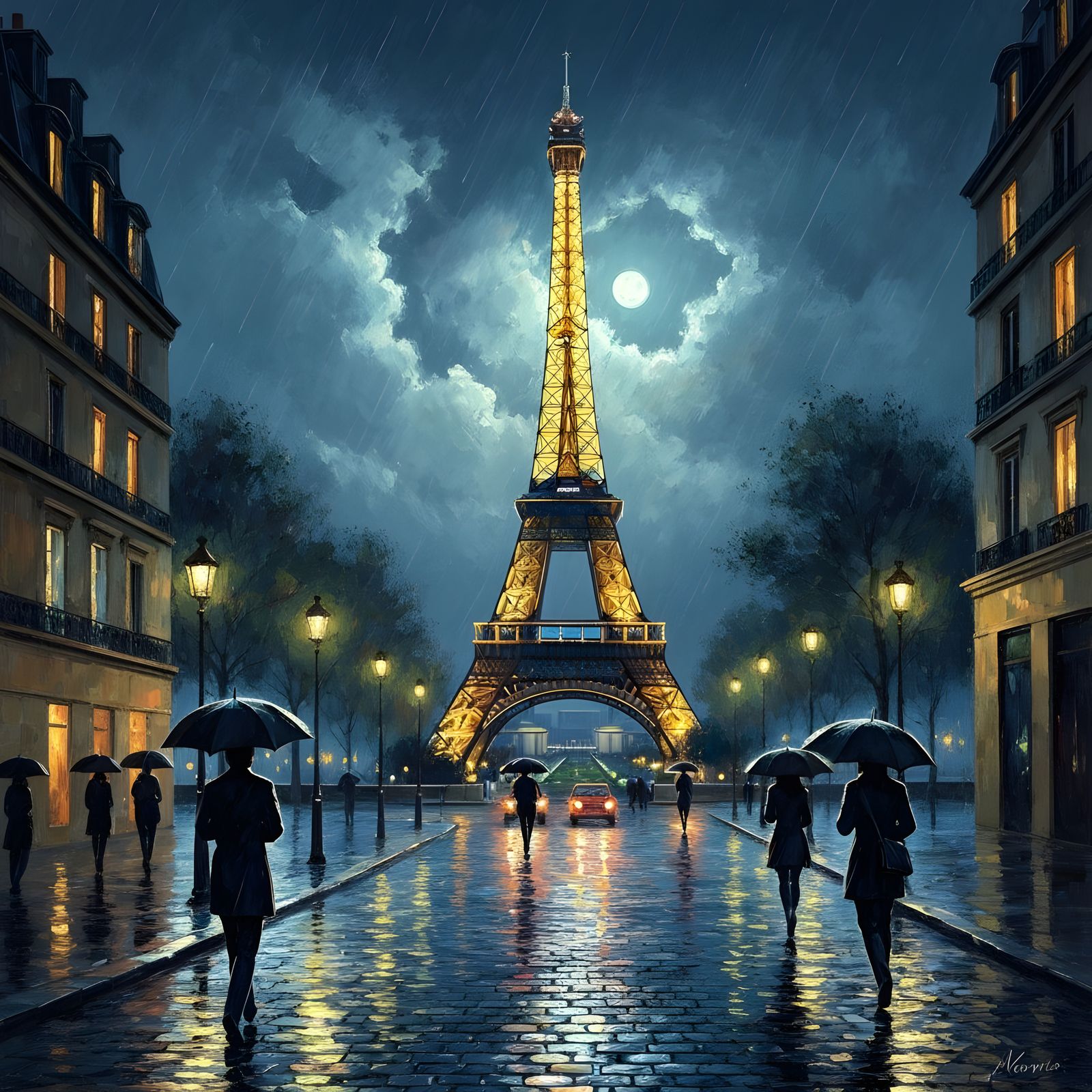 Eiffel Tower Night Scene in Impressionistic Oil Painting Sty...
