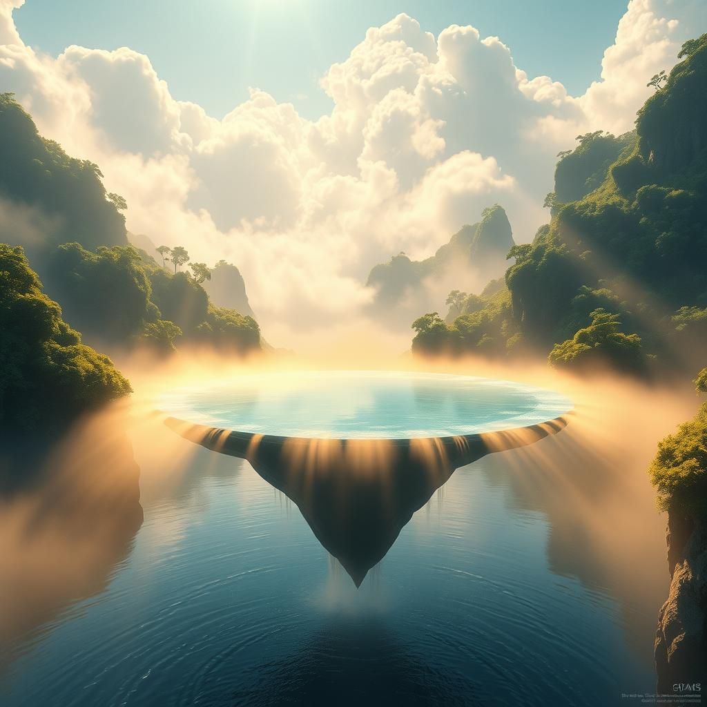 a floating lake, water from the lake is flowing down into an...