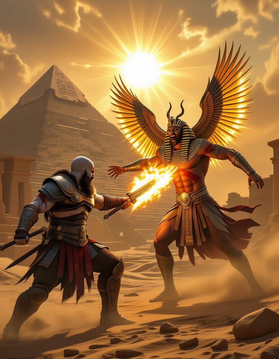 Kratos Battles Egyptian Sun God Ra in Dark Fantasy