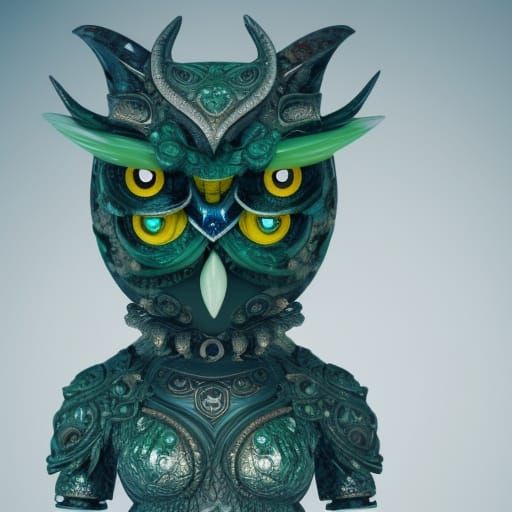 Anthropomorphic Blue Owl Sculpture in Marble and Jade