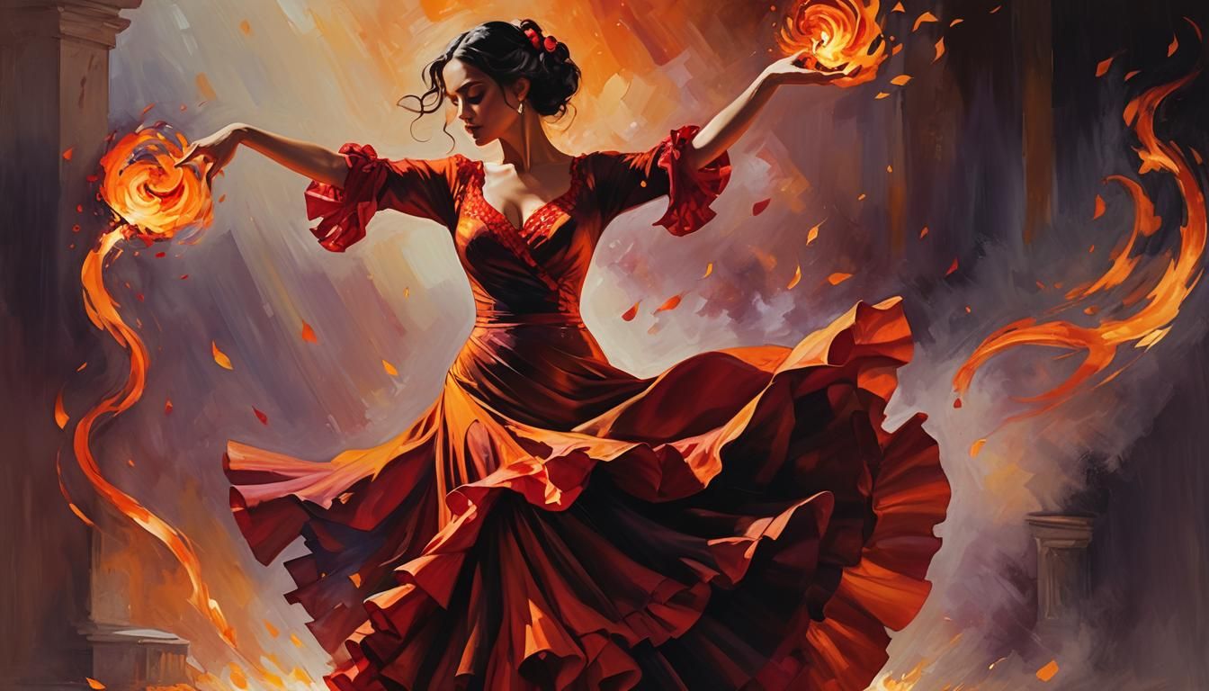 Flamenco Dancer in Fire, Dramatic Oil Painting
