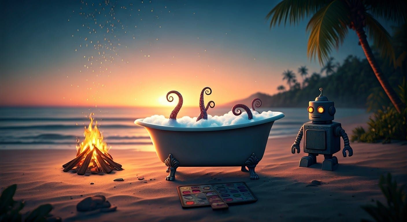 Eerie Island Scene with Tentacle and Robot