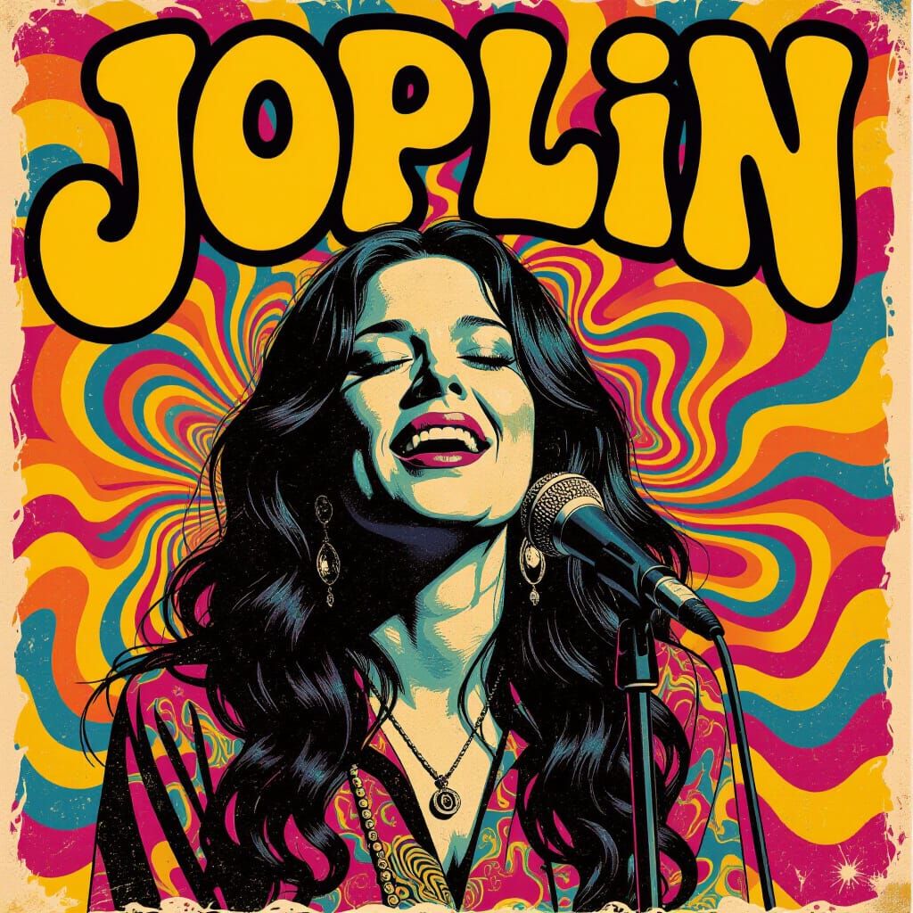 Psychedelic Janis Joplin Singing in Vibrant Colors