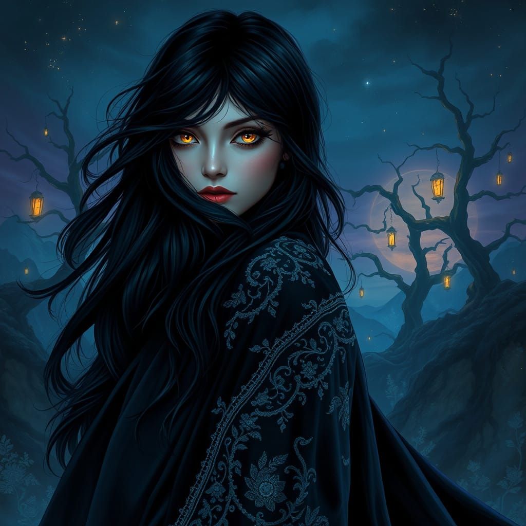 Mysterious Woman in Dark Velvet Cloak with Raven-black Hair