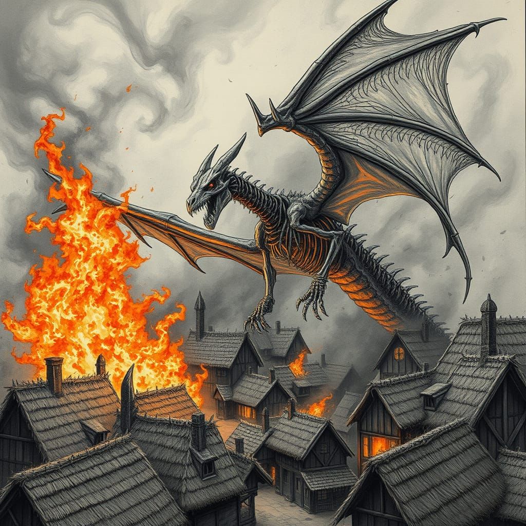 Skeletal Dragon Unleashes Inferno on Medieval Village