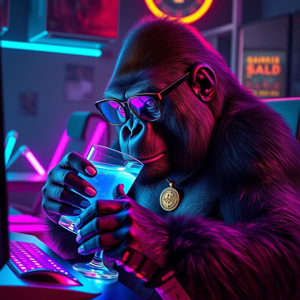 Hyper-Realistic Gorilla in Neon-Lit Gaming Lair