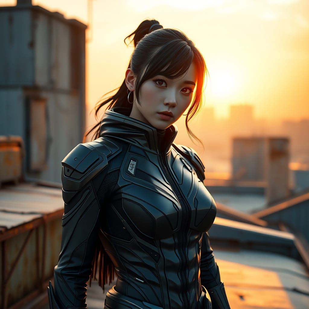 Korean Superhero in Cyberpunk Ninja Suit at Sunset