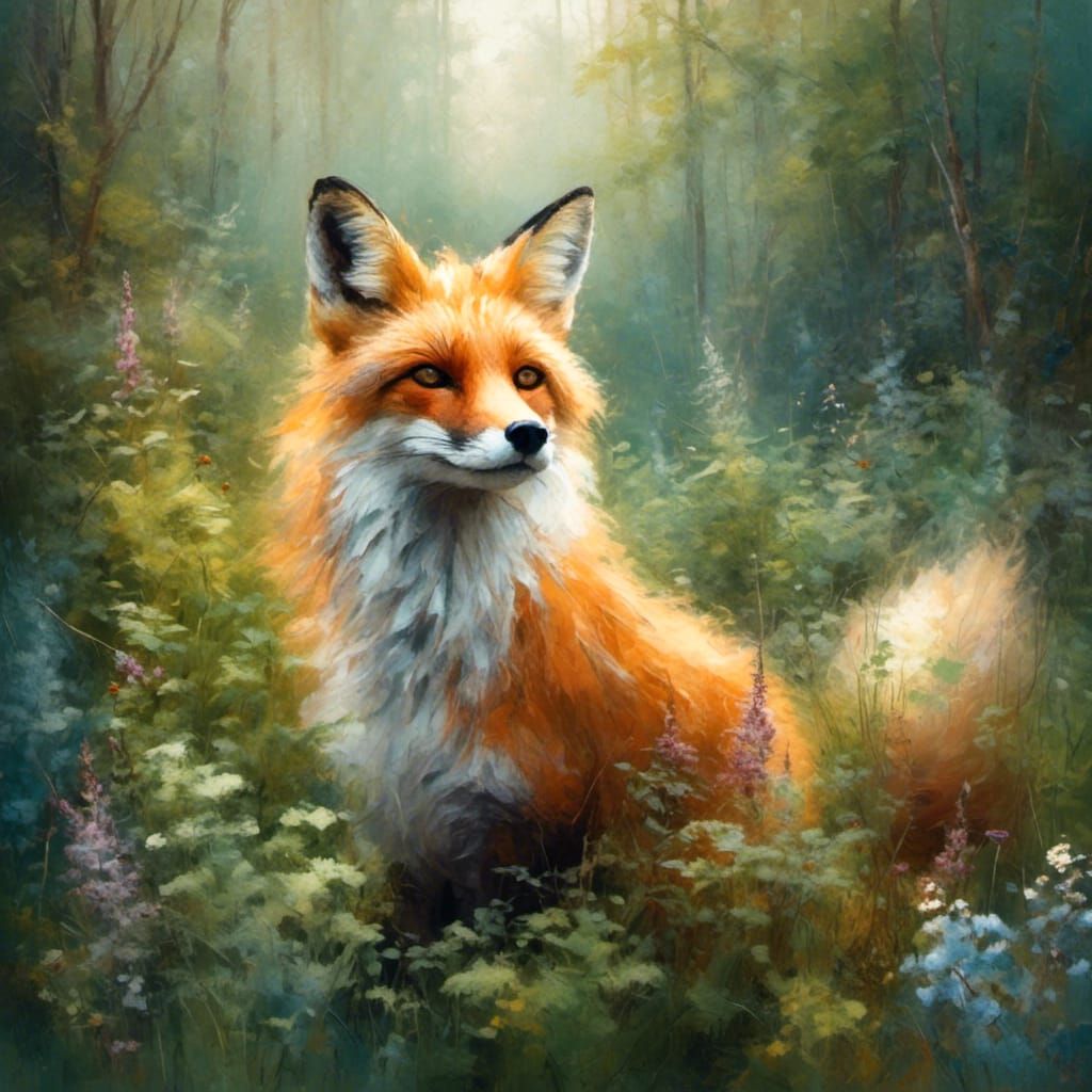 Furry Forest Portrait: Beautiful Fox in Whimsical Illustrati...