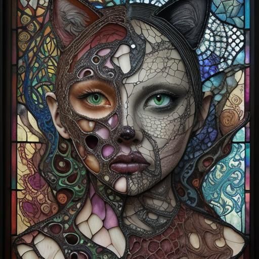Monochromatic Cat-Human Hybrid in Mixed Media Style