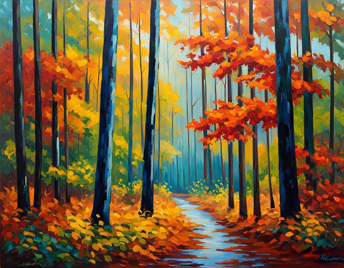 Autumn Florida Woods in Expressionist Oil Painting Style