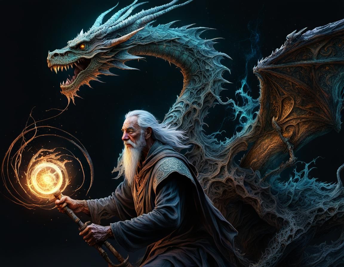 Sorcerer on Dragon with Magic Staff, Digital Art