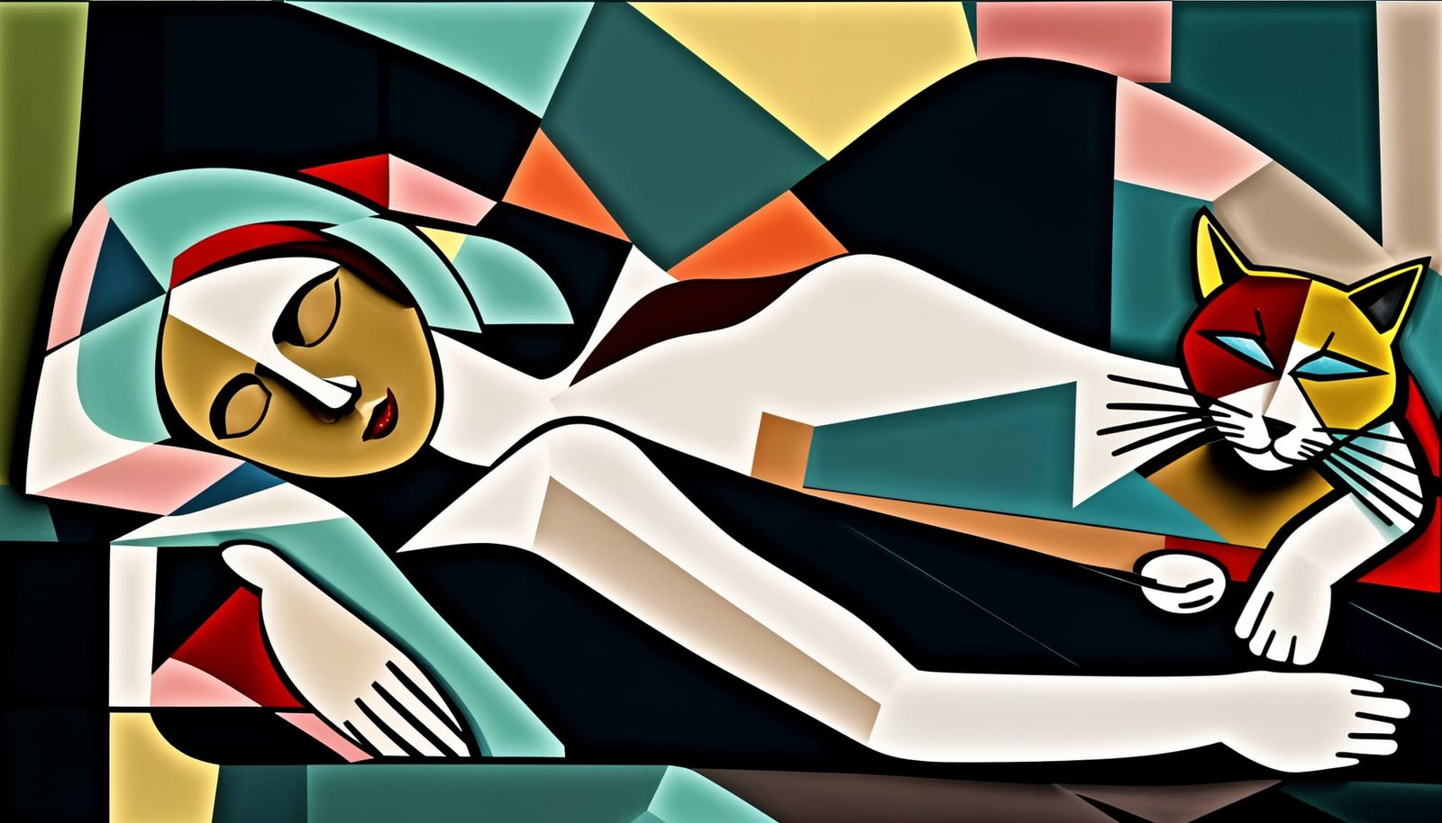 Surreal Cubist Scene of a Girl and Cat