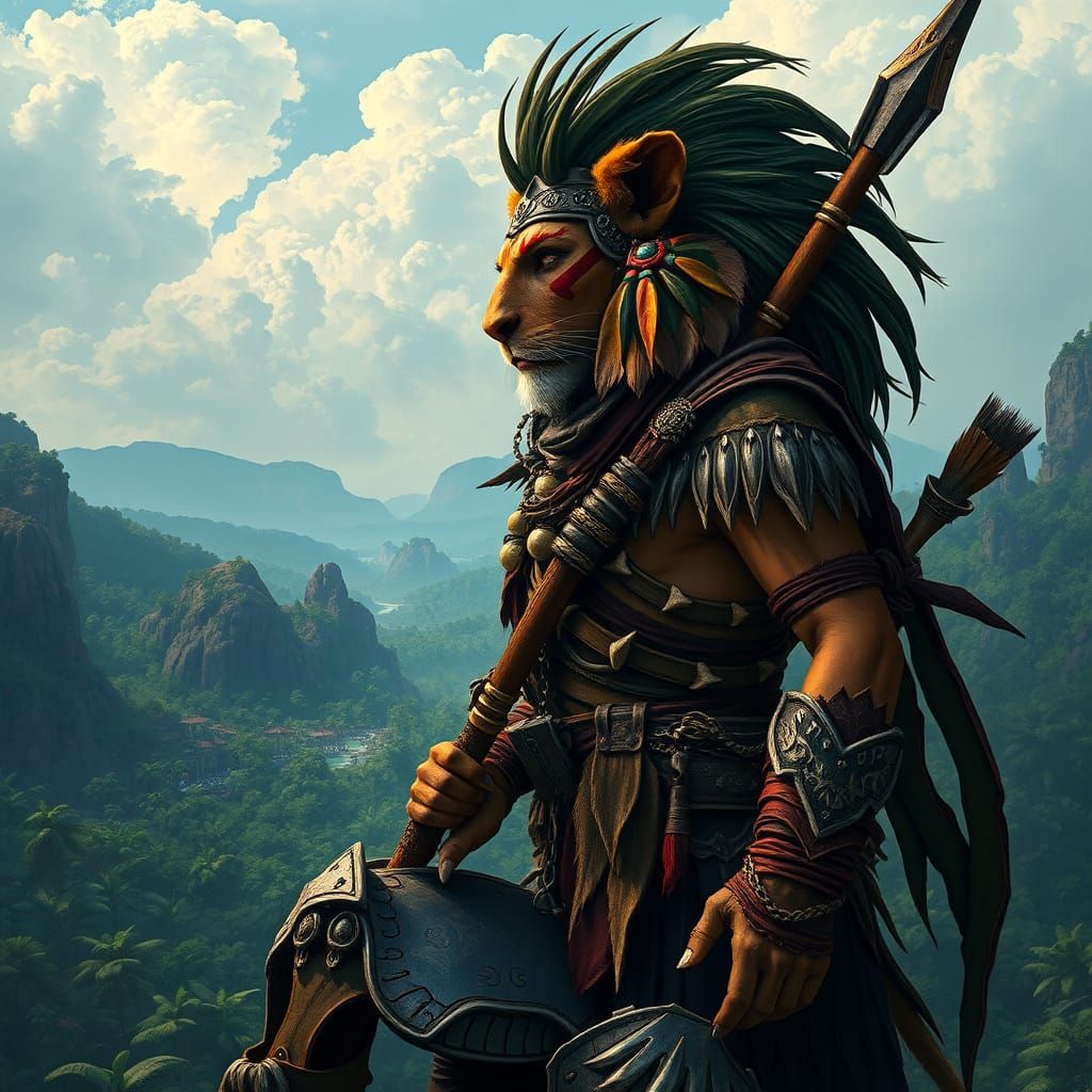 Lion Warrior Overlooking Jungle, Matte Painting