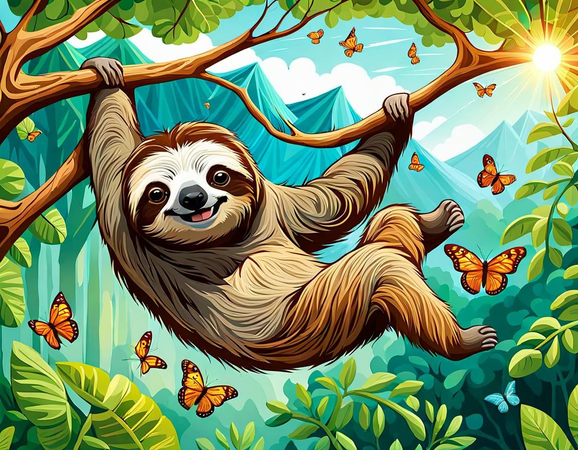 Smiling Sloth in Forest, Neo-Impressionist Painting