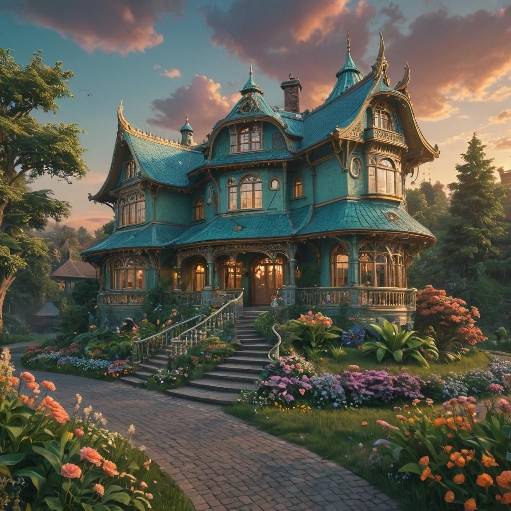Luxurious Fantasy House in Golden Sunset Light