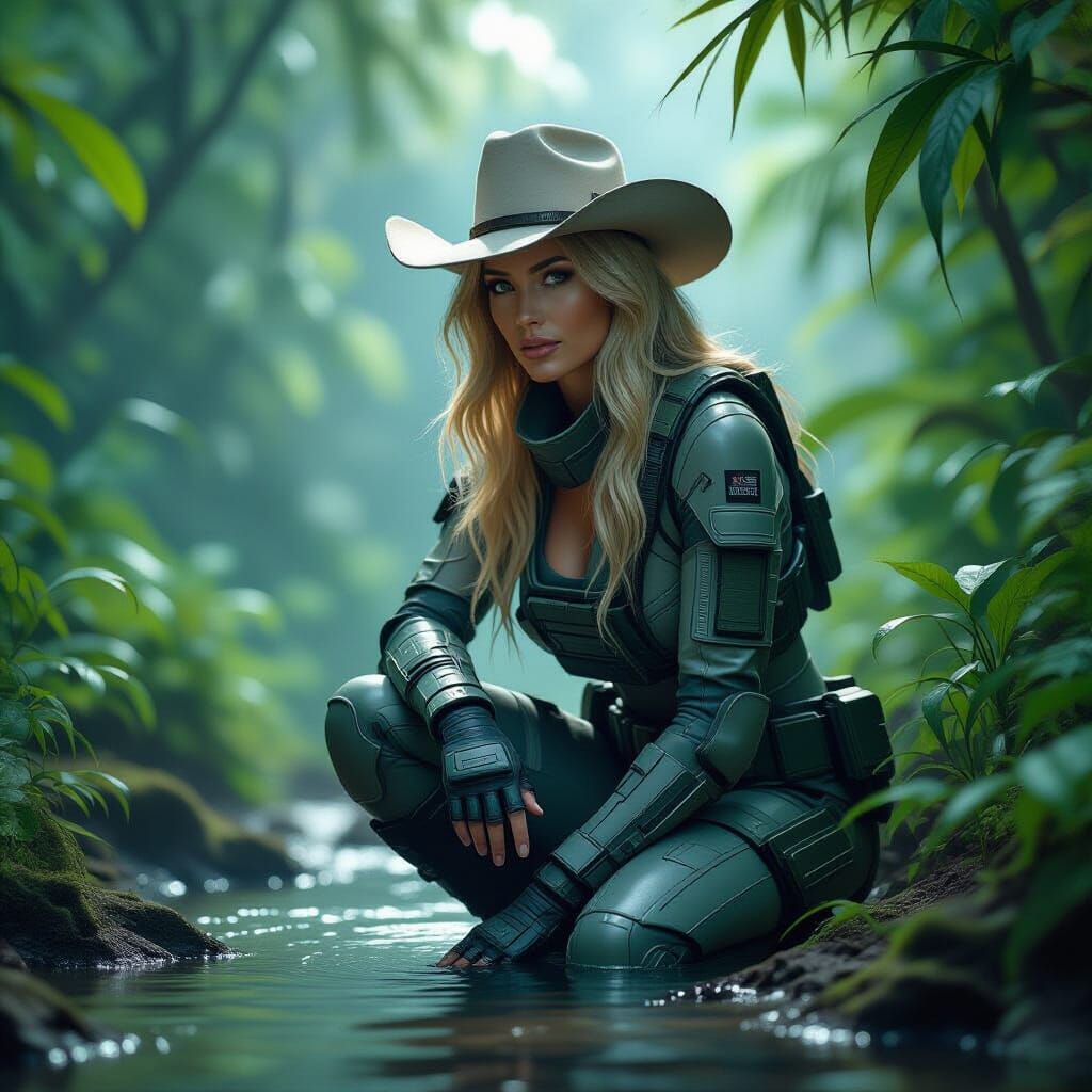 Futuristic Soldier in Jungle Landscape, Cyberpunk Style