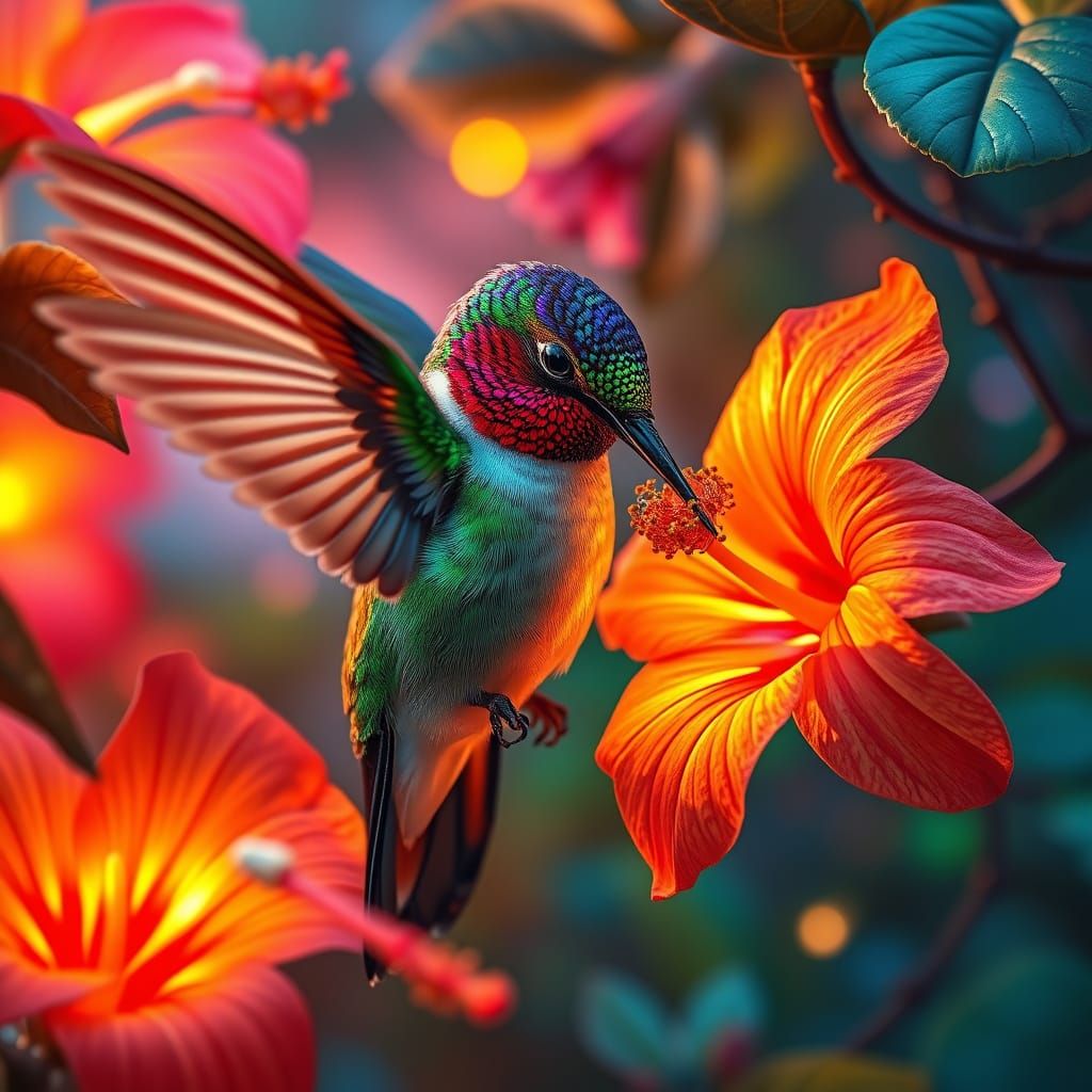 Hummingbird Sipping Nectar in Bioluminescent Jungle