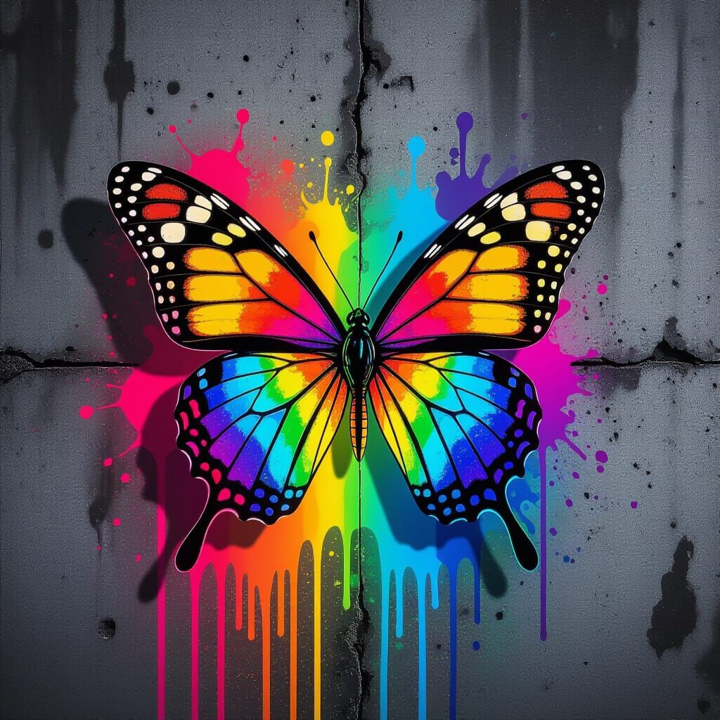 Graffiti Butterfly on Concrete Wall with Rainbow Splatter