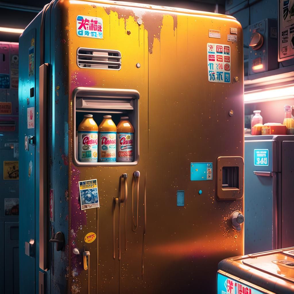 Anime Style Dirty Fridge Close-Up, Macro Photography