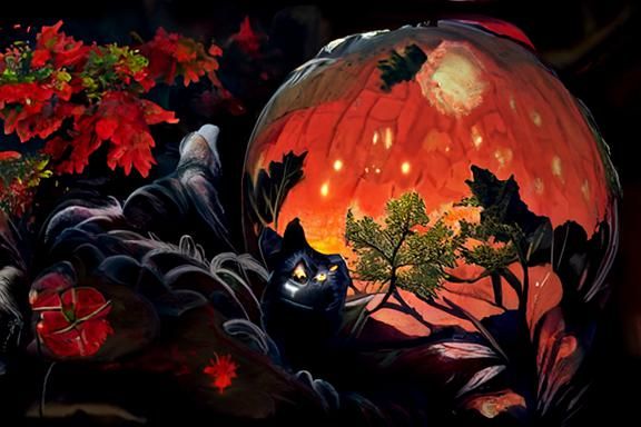 Cosmic Twilight: Black Cat in Autumnal Landscape