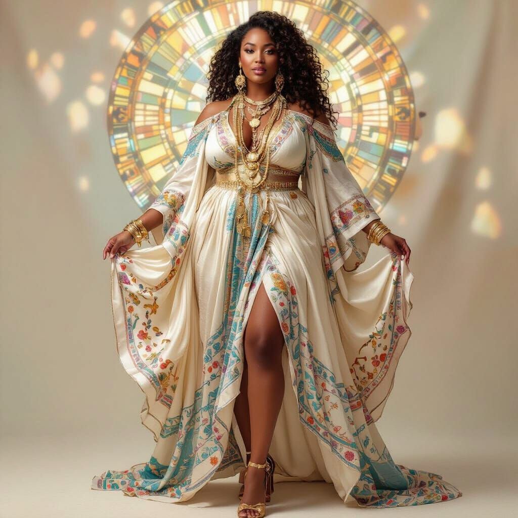 Radiant Woman in Bohemian Dress, Luminous Portrait