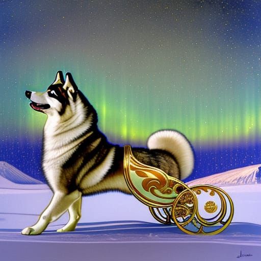Husky Sledding Under Aurora Borealis in Rococo Style