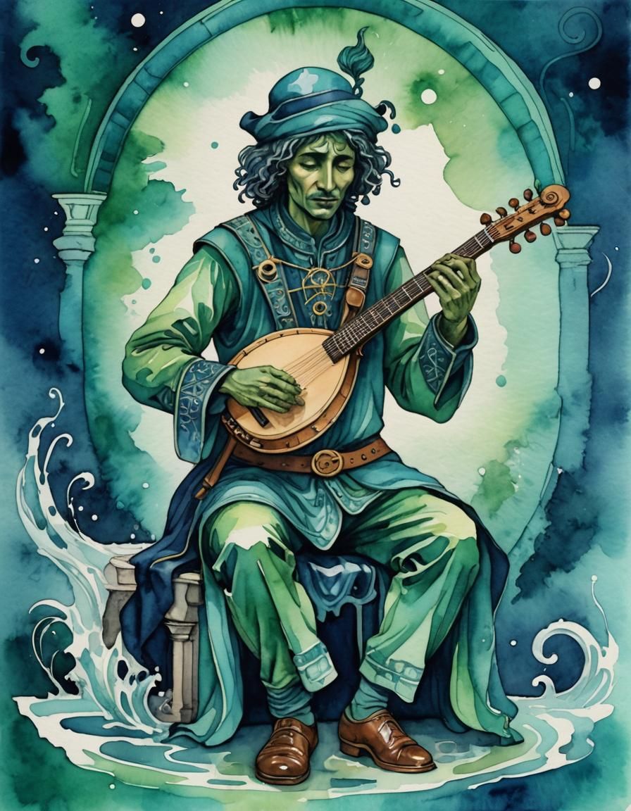Otherworldly Bard in Art Nouveau Watercolor